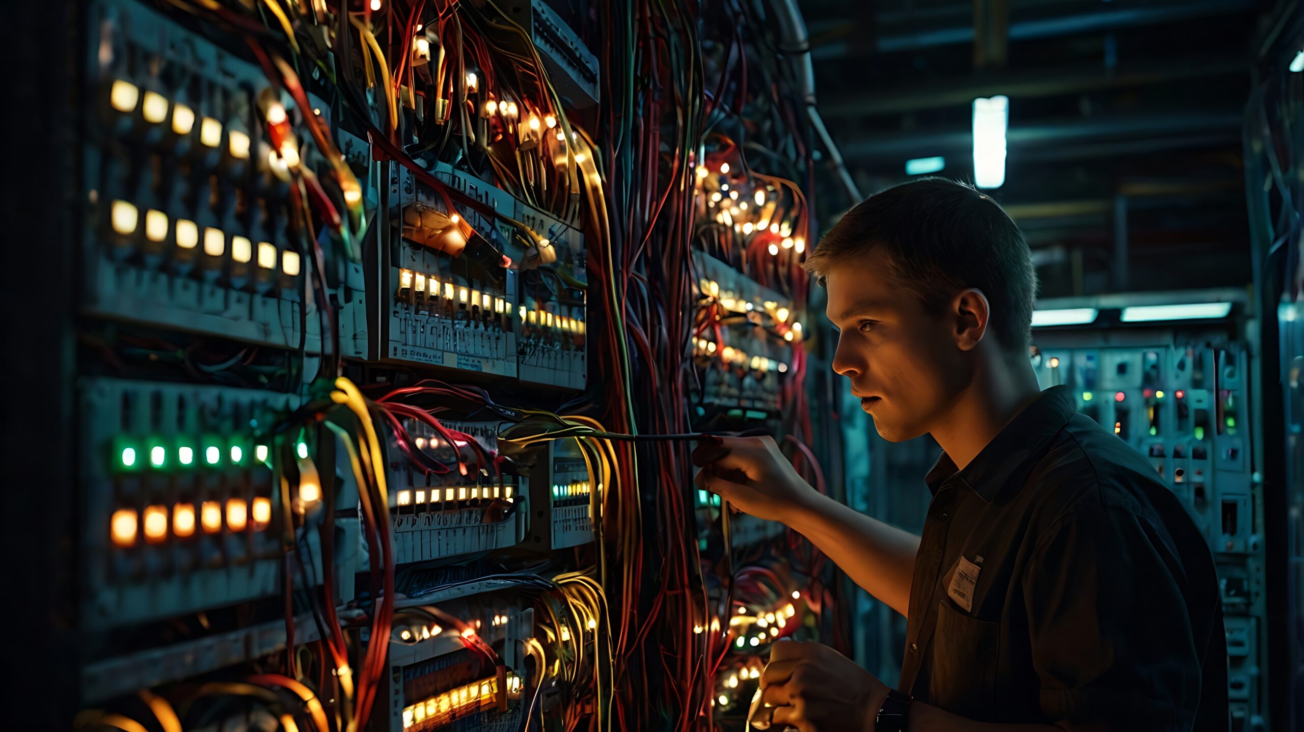 IT technician working in server room. Engineer connecting cables in the data center. Maintenance and troubleshooting. Professional working with technology.